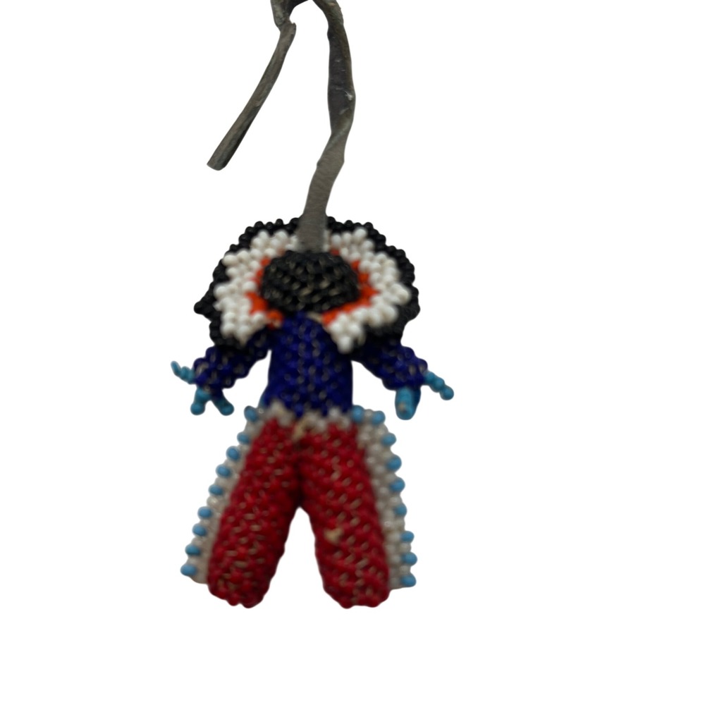Vintage Beaded Doll Charm Keychain Folk Art Seed Bead Figure Red White Blue - Picture 2 of 4
